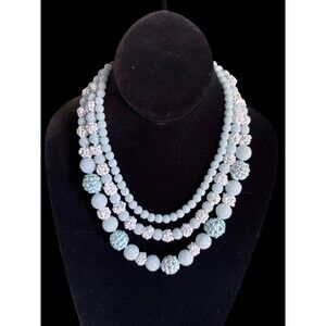 Vintage Triple Strand Beaded Necklace Aqua Blue Textured Beads Silver Tone Clasp